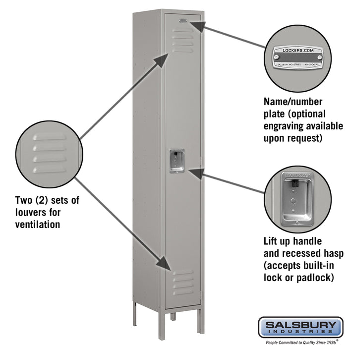 Salsbury 12" Wide Single Tier Standard Metal Locker - 1 Wide - 6 Feet High - 12 Inches Deep - Gray - Assembled - Sweatfully