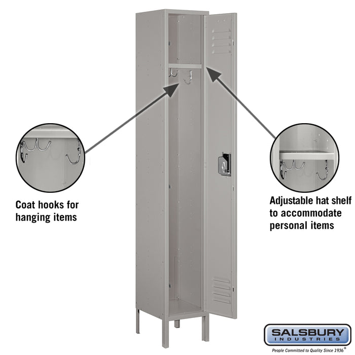 Salsbury 12" Wide Single Tier Standard Metal Locker - 1 Wide - 6 Feet High - 12 Inches Deep - Gray - Assembled - Sweatfully