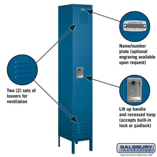 Salsbury 12" Wide Single Tier Standard Metal Locker - 1 Wide - 6 Feet High - 15 Inches Deep - Blue - Assembled - Sweatfully