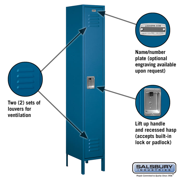 Salsbury 12" Wide Single Tier Standard Metal Locker - 1 Wide - 6 Feet High - 15 Inches Deep - Blue - Assembled - Sweatfully