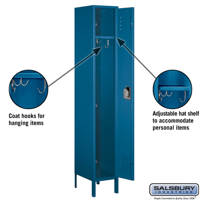 Salsbury 12" Wide Single Tier Standard Metal Locker - 1 Wide - 6 Feet High - 15 Inches Deep - Blue - Unassembled - Sweatfully