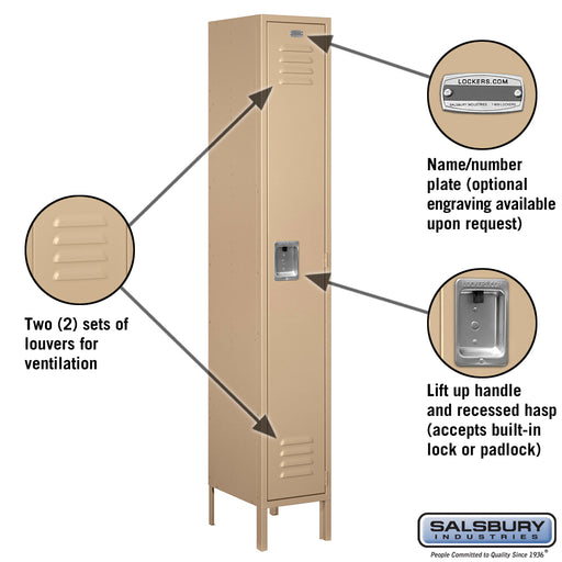 Salsbury 12" Wide Single Tier Standard Metal Locker - 1 Wide - 6 Feet High - 15 Inches Deep - Tan - Assembled - Sweatfully