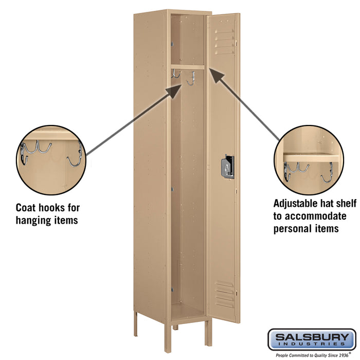 Salsbury 12" Wide Single Tier Standard Metal Locker - 1 Wide - 6 Feet High - 15 Inches Deep - Tan - Assembled - Sweatfully