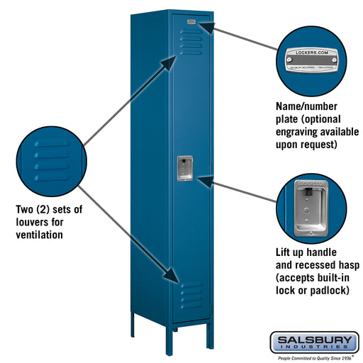 Salsbury 12" Wide Single Tier Standard Metal Locker - 1 Wide - 6 Feet High - 18 Inches Deep - Blue - Assembled - Sweatfully