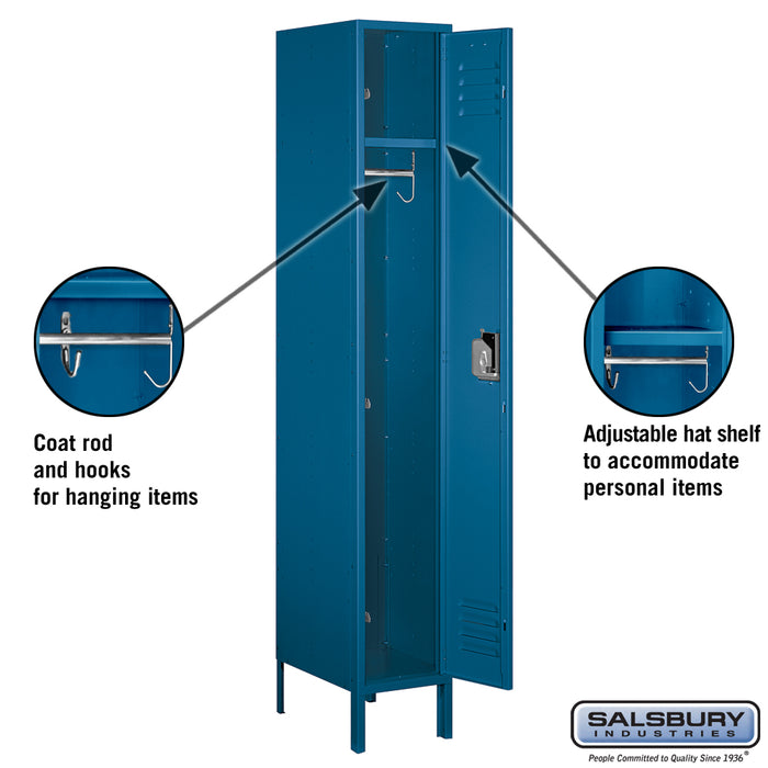 Salsbury 12" Wide Single Tier Standard Metal Locker - 1 Wide - 6 Feet High - 18 Inches Deep - Blue - Assembled - Sweatfully
