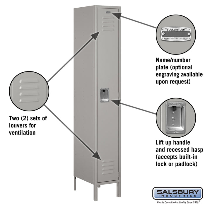 Salsbury 12" Wide Single Tier Standard Metal Locker - 1 Wide - 6 Feet High - 18 Inches Deep - Gray - Unassembled - Sweatfully