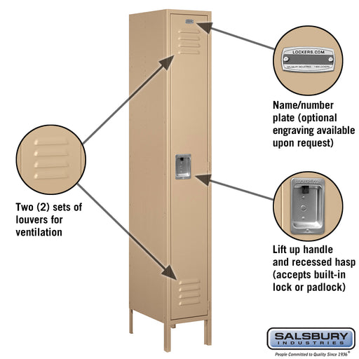 Salsbury 12" Wide Single Tier Standard Metal Locker - 1 Wide - 6 Feet High - 18 Inches Deep - Tan - Unassembled - Sweatfully