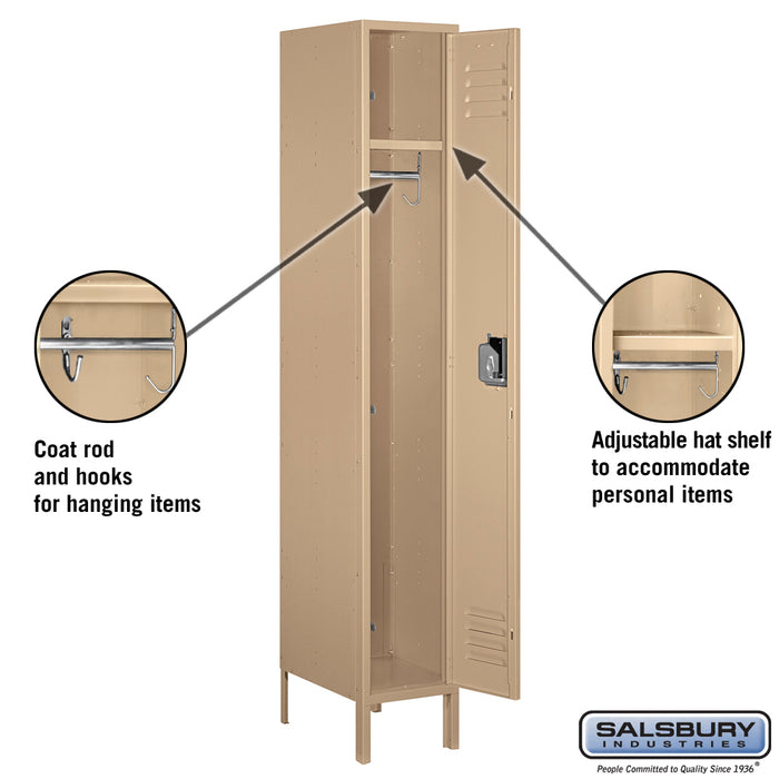 Salsbury 12" Wide Single Tier Standard Metal Locker - 1 Wide - 6 Feet High - 18 Inches Deep - Tan - Unassembled - Sweatfully