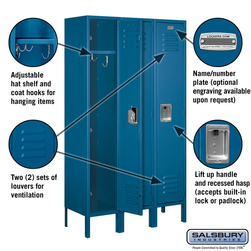 Salsbury 12" Wide Single Tier Standard Metal Locker - 3 Wide - 5 Feet High - 12 Inches Deep - Blue - Assembled - Sweatfully