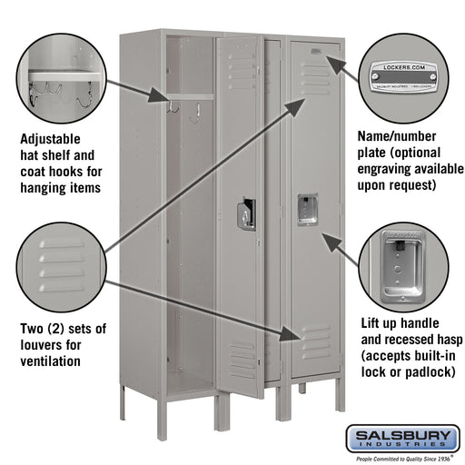 Salsbury 12" Wide Single Tier Standard Metal Locker - 3 Wide - 5 Feet High - 12 Inches Deep - Gray - Assembled - Sweatfully
