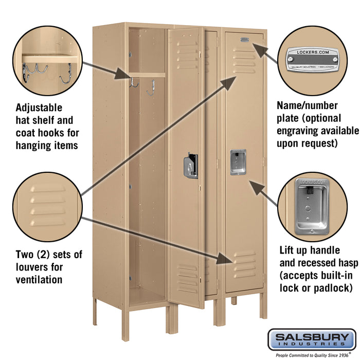 Salsbury 12" Wide Single Tier Standard Metal Locker - 3 Wide - 5 Feet High - 12 Inches Deep - Tan - Assembled - Sweatfully