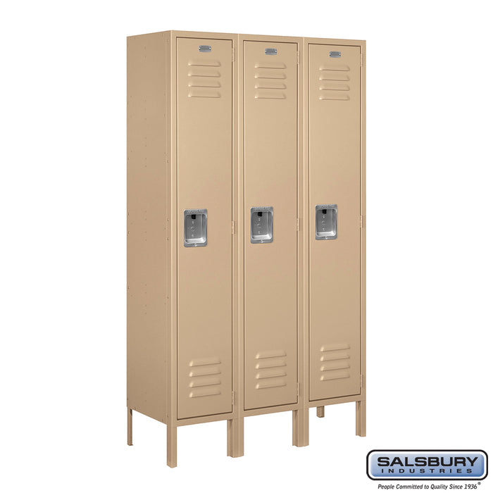 Salsbury 12" Wide Single Tier Standard Metal Locker - 3 Wide - 5 Feet High - 12 Inches Deep - Tan - Assembled - Sweatfully