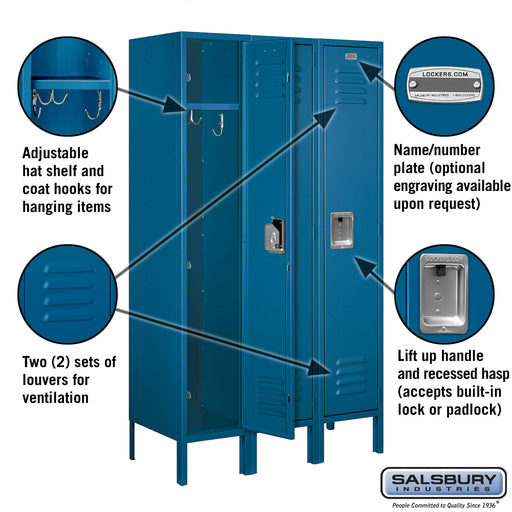 Salsbury 12" Wide Single Tier Standard Metal Locker - 3 Wide - 5 Feet High - 15 Inches Deep - Blue - Assembled - Sweatfully
