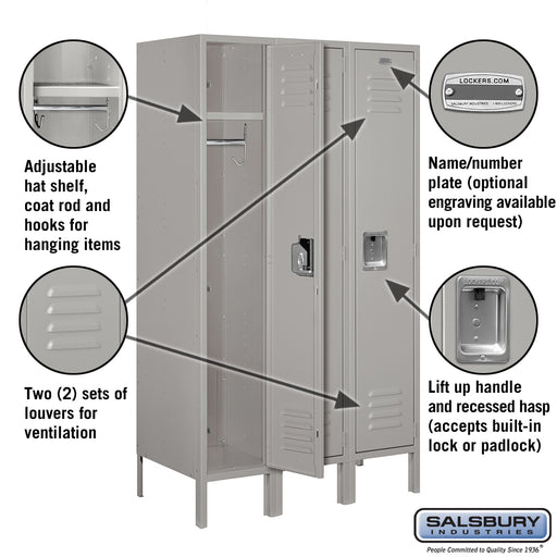 Salsbury 12" Wide Single Tier Standard Metal Locker - 3 Wide - 5 Feet High - 18 Inches Deep - Gray - Assembled - Sweatfully