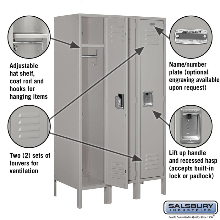 Salsbury 12" Wide Single Tier Standard Metal Locker - 3 Wide - 5 Feet High - 18 Inches Deep - Gray - Unassembled - Sweatfully