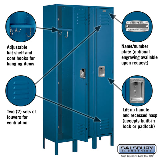 Salsbury 12" Wide Single Tier Standard Metal Locker - 3 Wide - 6 Feet High - 12 Inches Deep - Blue - Assembled - Sweatfully