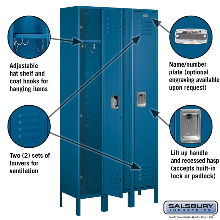 Salsbury 12" Wide Single Tier Standard Metal Locker - 3 Wide - 6 Feet High - 12 Inches Deep - Blue - Unassembled - Sweatfully