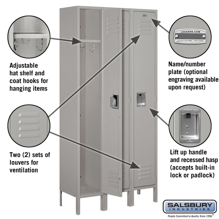 Salsbury 12" Wide Single Tier Standard Metal Locker - 3 Wide - 6 Feet High - 12 Inches Deep - Gray - Unassembled - Sweatfully