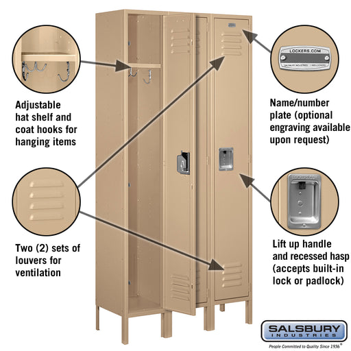Salsbury 12" Wide Single Tier Standard Metal Locker - 3 Wide - 6 Feet High - 12 Inches Deep - Tan - Unassembled - Sweatfully