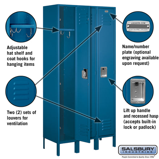 Salsbury 12" Wide Single Tier Standard Metal Locker - 3 Wide - 6 Feet High - 15 Inches Deep - Blue - Assembled - Sweatfully
