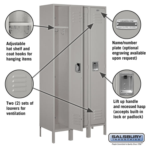 Salsbury 12" Wide Single Tier Standard Metal Locker - 3 Wide - 6 Feet High - 15 Inches Deep - Gray - Assembled - Sweatfully