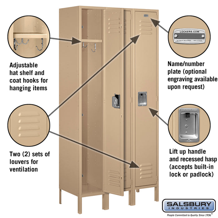 Salsbury 12" Wide Single Tier Standard Metal Locker - 3 Wide - 6 Feet High - 15 Inches Deep - Tan - Unassembled - Sweatfully