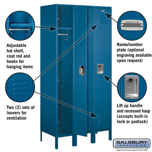 Salsbury 12" Wide Single Tier Standard Metal Locker - 3 Wide - 6 Feet High - 18 Inches Deep - Blue - Assembled - Sweatfully