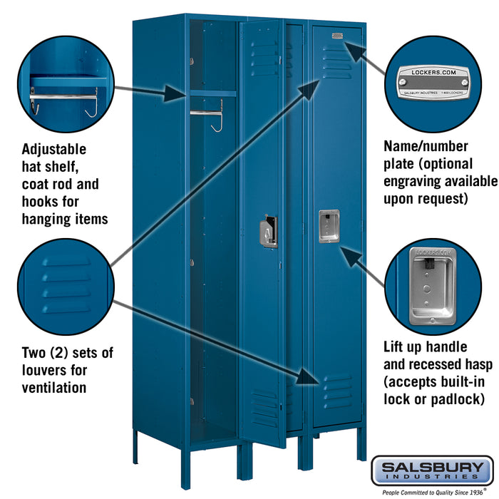 Salsbury 12" Wide Single Tier Standard Metal Locker - 3 Wide - 6 Feet High - 18 Inches Deep - Blue - Unassembled - Sweatfully