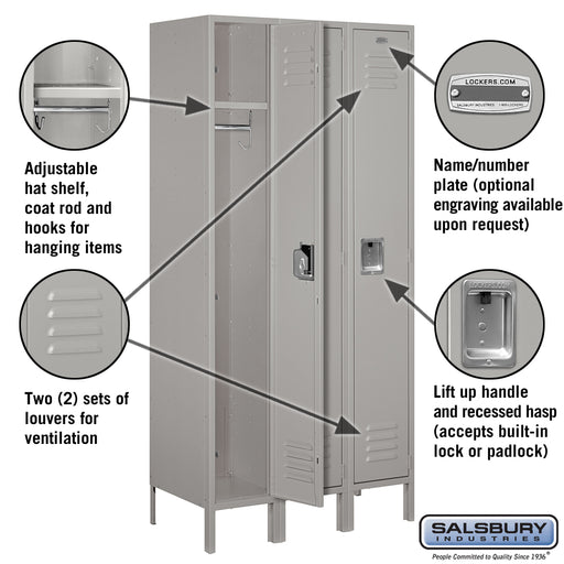 Salsbury 12" Wide Single Tier Standard Metal Locker - 3 Wide - 6 Feet High - 18 Inches Deep - Gray - Assembled - Sweatfully