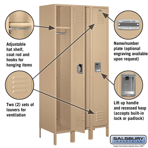 Salsbury 12" Wide Single Tier Standard Metal Locker - 3 Wide - 6 Feet High - 18 Inches Deep - Tan - Assembled - Sweatfully