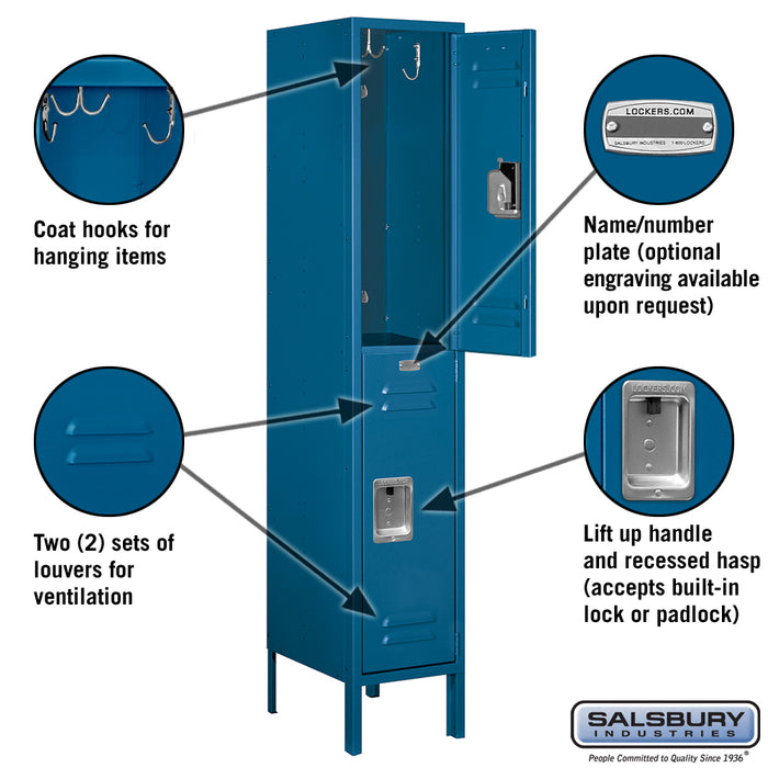 Salsbury 12" Wide Double Tier Standard Metal Locker - 1 Wide - 5 Feet High - 15 Inches Deep - Blue - Assembled - Sweatfully