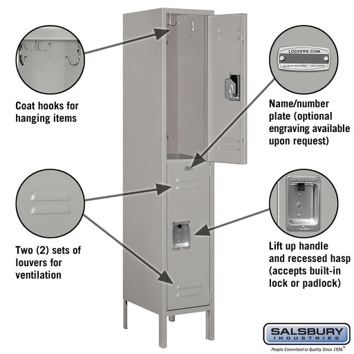 Salsbury 12" Wide Double Tier Standard Metal Locker - 1 Wide - 5 Feet High - 15 Inches Deep - Gray - Unassembled - Sweatfully
