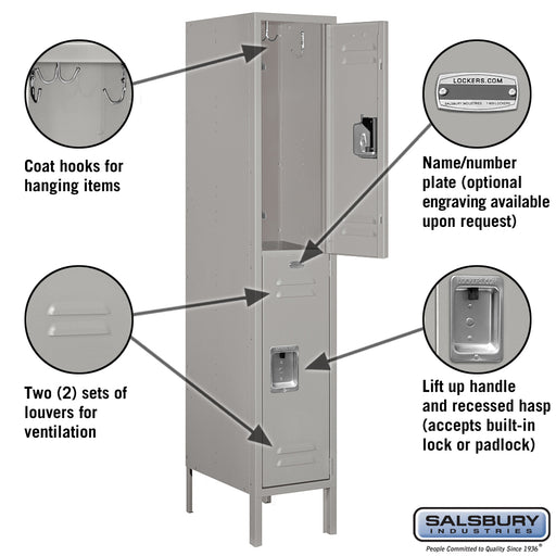Salsbury 12" Wide Double Tier Standard Metal Locker - 1 Wide - 5 Feet High - 18 Inches Deep - Gray - Assembled - Sweatfully
