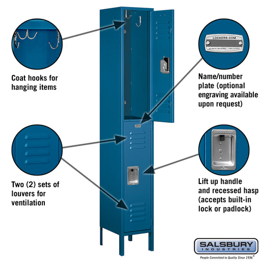 Salsbury 12" Wide Double Tier Standard Metal Locker - 1 Wide - 6 Feet High - 12 Inches Deep - Blue - Assembled - Sweatfully