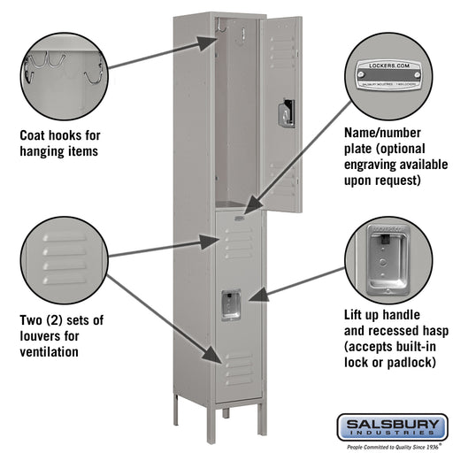 Salsbury 12" Wide Double Tier Standard Metal Locker - 1 Wide - 6 Feet High - 12 Inches Deep - Gray - Unassembled - Sweatfully