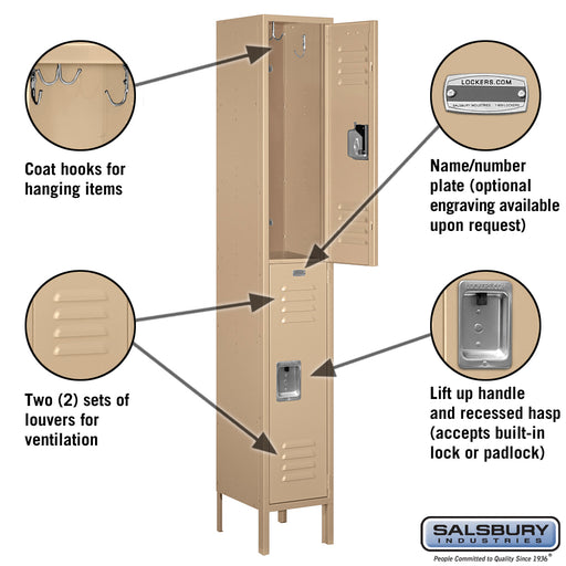 Salsbury 12" Wide Double Tier Standard Metal Locker - 1 Wide - 6 Feet High - 12 Inches Deep - Tan - Assembled - Sweatfully