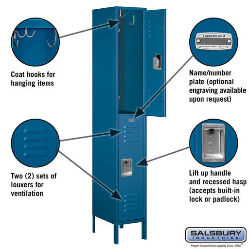 Salsbury 12" Wide Double Tier Standard Metal Locker - 1 Wide - 6 Feet High - 15 Inches Deep - Blue - Assembled - Sweatfully