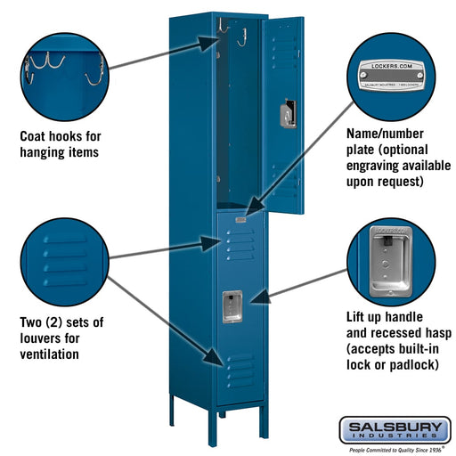 Salsbury 12" Wide Double Tier Standard Metal Locker - 1 Wide - 6 Feet High - 15 Inches Deep - Blue - Unassembled - Sweatfully