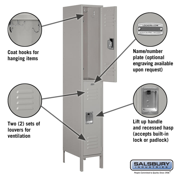 Salsbury 12" Wide Double Tier Standard Metal Locker - 1 Wide - 6 Feet High - 18 Inches Deep - Gray - Assembled - Sweatfully