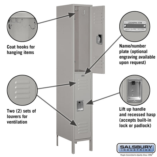 Salsbury 12" Wide Double Tier Standard Metal Locker - 1 Wide - 6 Feet High - 18 Inches Deep - Gray - Unassembled - Sweatfully