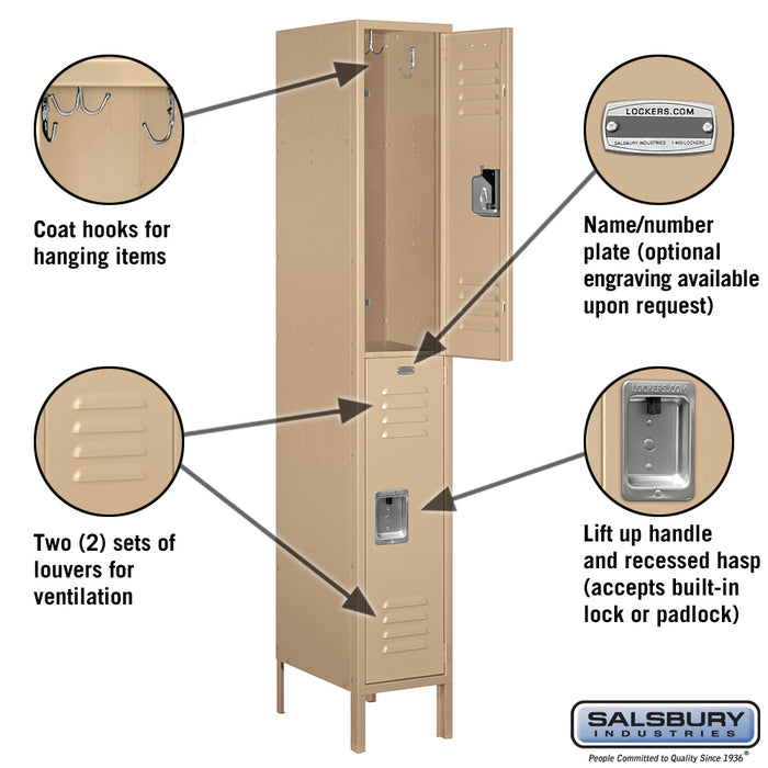 Salsbury 12" Wide Double Tier Standard Metal Locker - 1 Wide - 6 Feet High - 18 Inches Deep - Tan - Assembled - Sweatfully