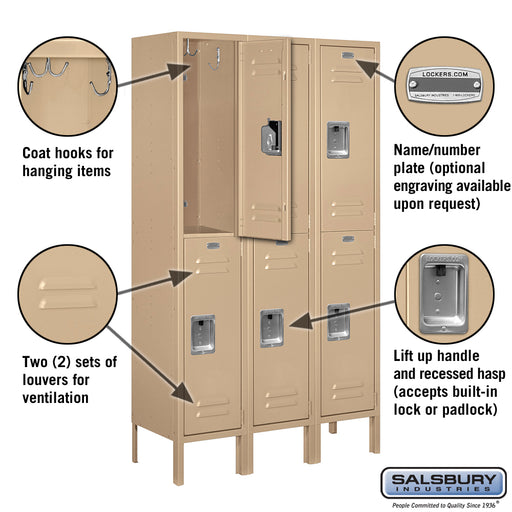 Salsbury 12" Wide Double Tier Standard Metal Locker - 3 Wide - 5 Feet High - 12 Inches Deep - Tan - Assembled - Sweatfully