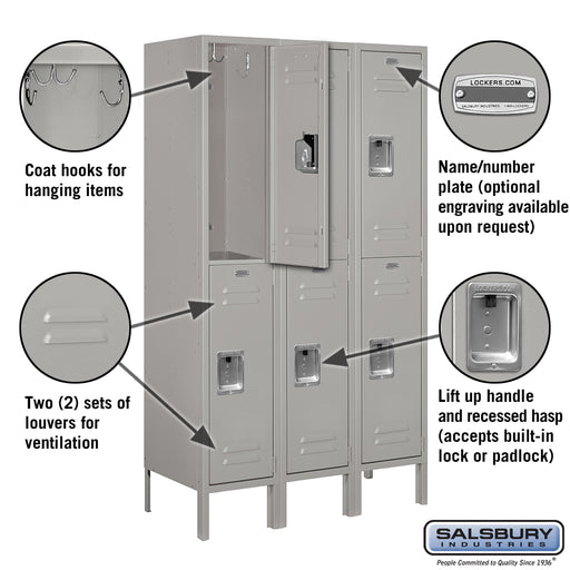 Salsbury 12" Wide Double Tier Standard Metal Locker - 3 Wide - 5 Feet High - 15 Inches Deep - Gray - Assembled - Sweatfully