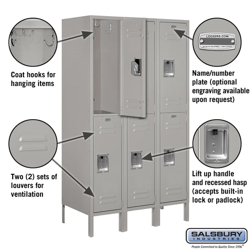 Salsbury 12" Wide Double Tier Standard Metal Locker - 3 Wide - 5 Feet High - 18 Inches Deep - Gray - Assembled - Sweatfully