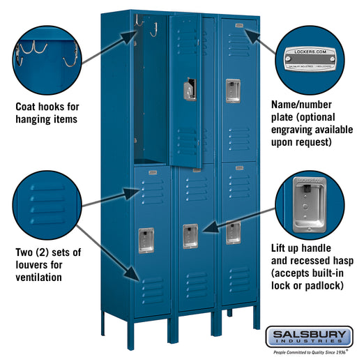Salsbury 12" Wide Double Tier Standard Metal Locker - 3 Wide - 6 Feet High - 12 Inches Deep - Blue - Assembled - Sweatfully