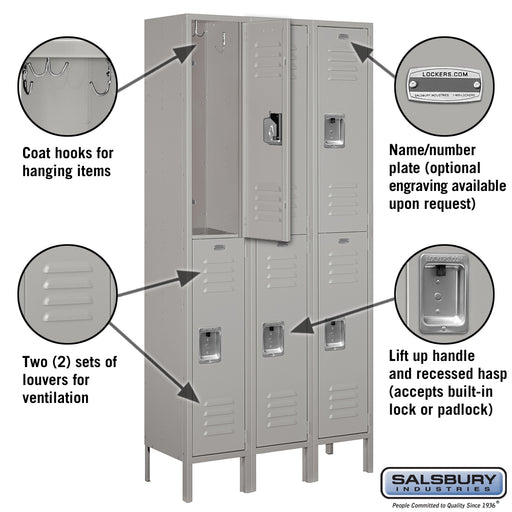 Salsbury 12" Wide Double Tier Standard Metal Locker - 3 Wide - 6 Feet High - 12 Inches Deep - Gray - Assembled - Sweatfully