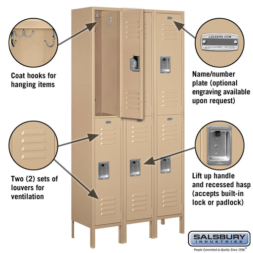 Salsbury 12" Wide Double Tier Standard Metal Locker - 3 Wide - 6 Feet High - 12 Inches Deep - Tan - Assembled - Sweatfully