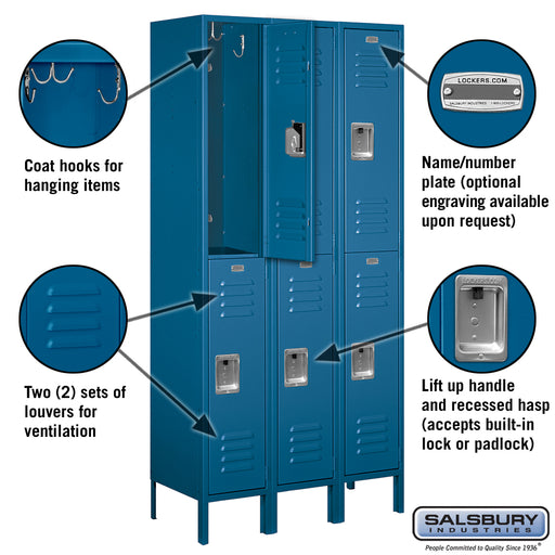 Salsbury 12" Wide Double Tier Standard Metal Locker - 3 Wide - 6 Feet High - 15 Inches Deep - Blue - Unassembled - Sweatfully
