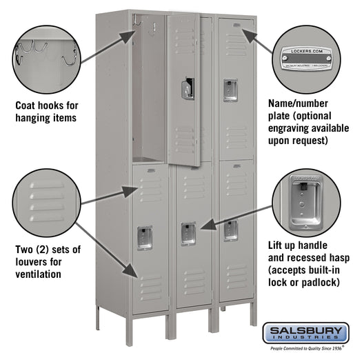 Salsbury 12" Wide Double Tier Standard Metal Locker - 3 Wide - 6 Feet High - 15 Inches Deep - Gray - Assembled - Sweatfully