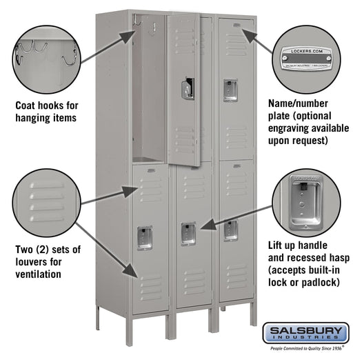 Salsbury 12" Wide Double Tier Standard Metal Locker - 3 Wide - 6 Feet High - 15 Inches Deep - Gray - Unassembled - Sweatfully